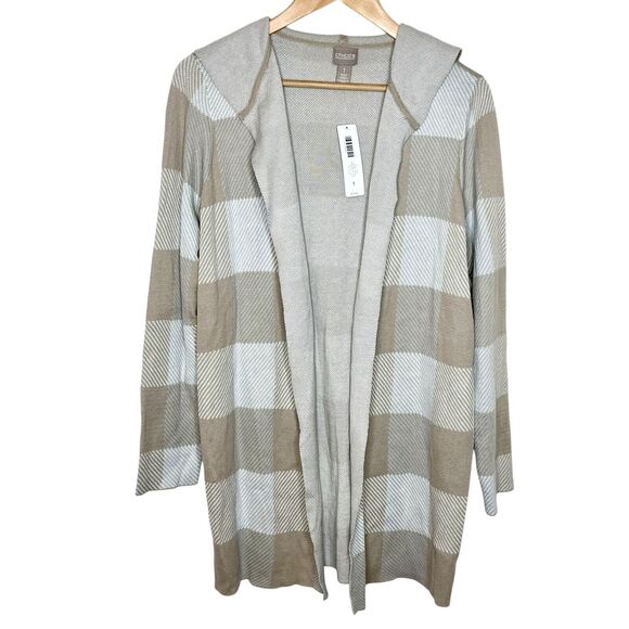 Chicos Sidone Hoodie Open Cardigan Sweater Tan Large Check Womens M 1 - Picture 1 of 7